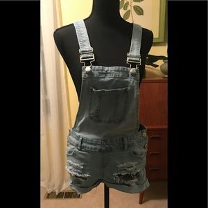 Denim bib overall blue jean shorts.